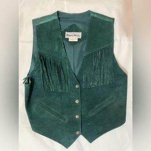 Green suede leather vest Vintage Fringe